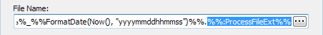 The file extension variable portion of the File Name string in the Edit FTP task is seleted.